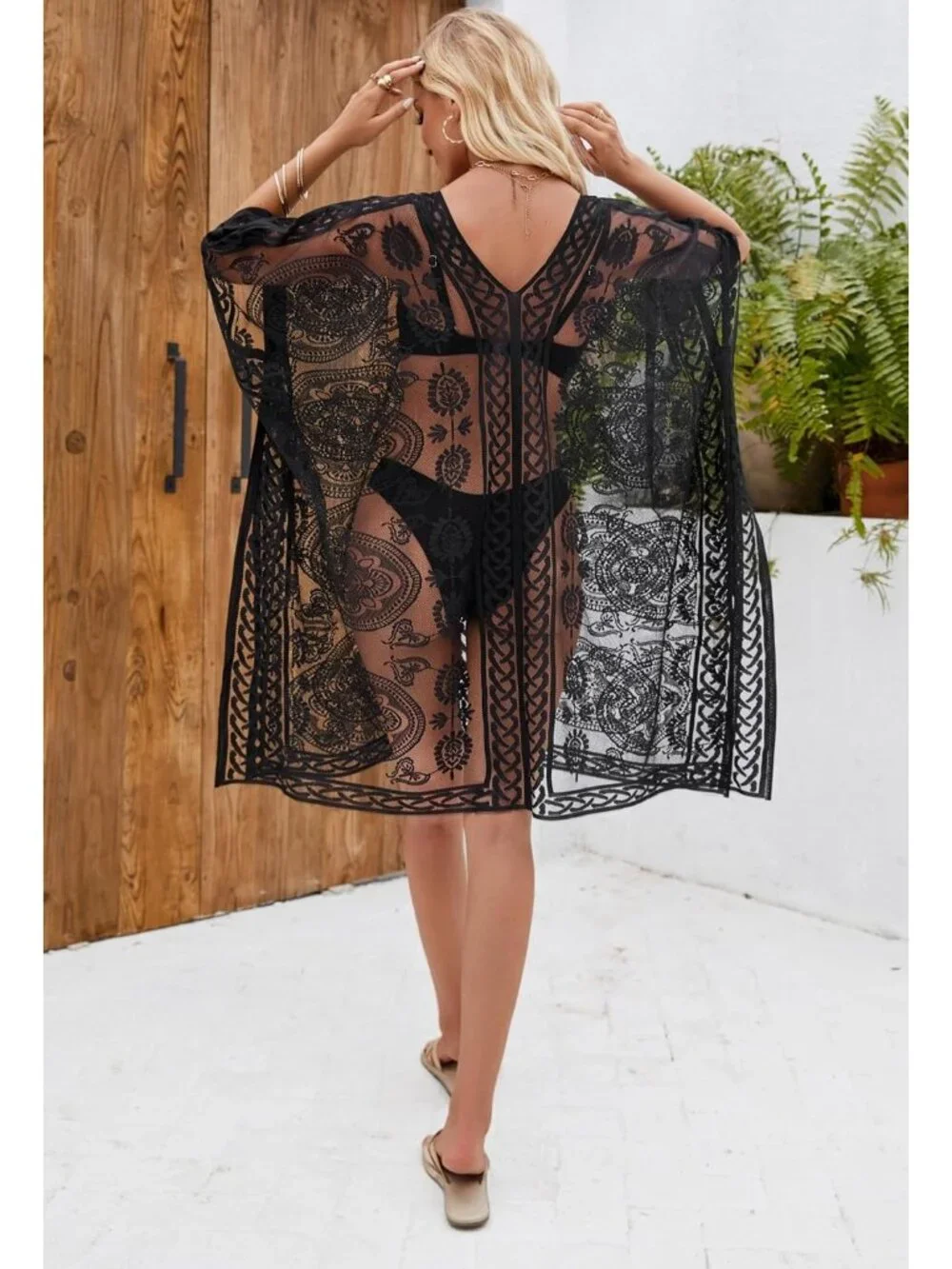 Women Black Polyester V-Neck Elegant Lace Beach Cover Up For Poolside And Party